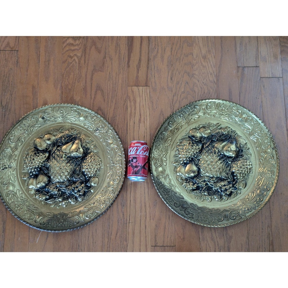 Vintage Embossed Brass Wall Hanging Plates Pair Fruit Pineapple Decor 12 Inch